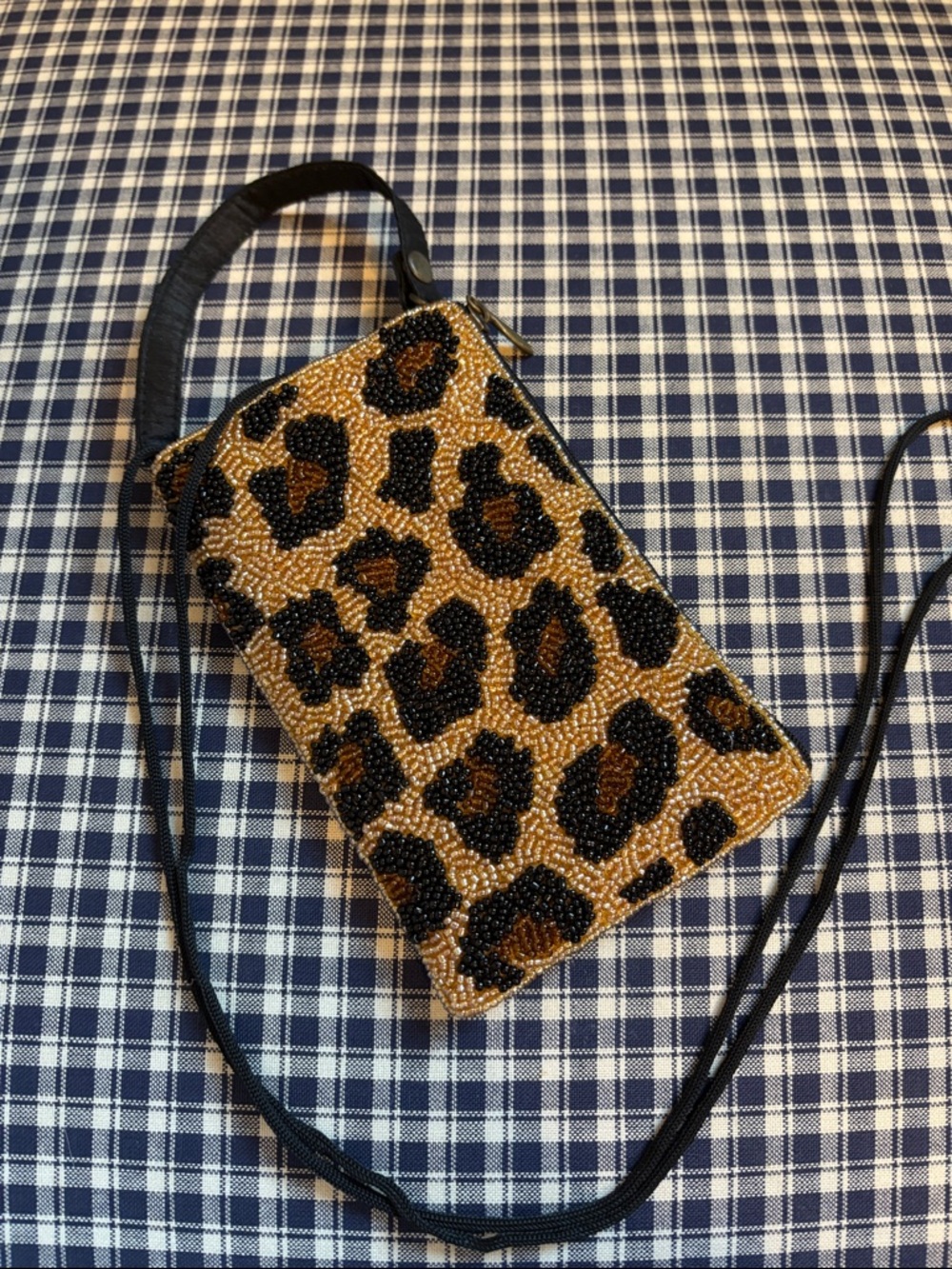 Beaded Leopard Crossbody Phone Bag - Black/Tan